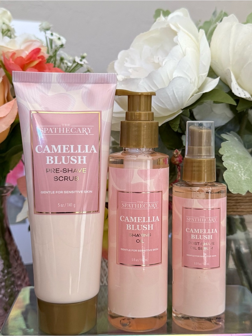 🆕🪷 SPATHECARY “CAMELLIA BLUSH” 3-PIECE SHAVE CARE COLLECTION. BRAND NEW!